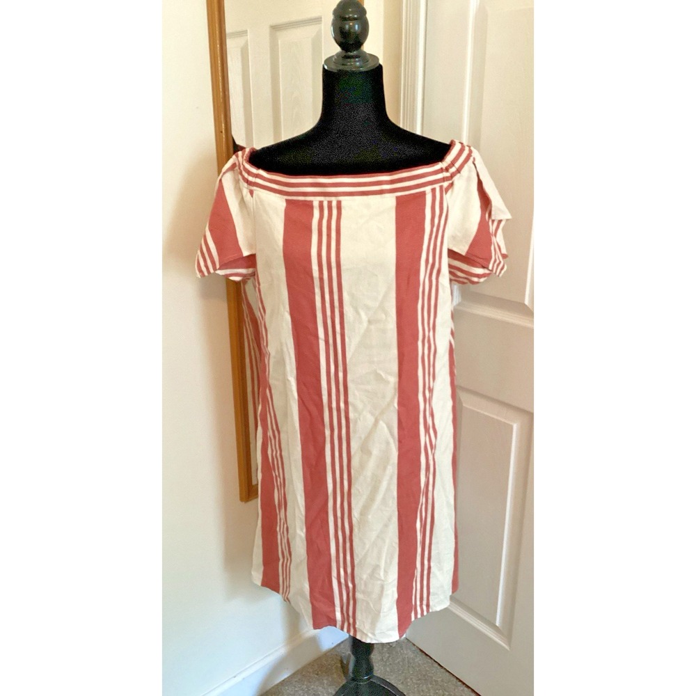 Everlily Linen Off Shoulder Red Ticking Stripe‎ Shift Dress Size Lg Short Beach